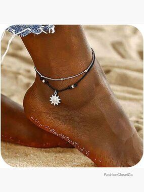 Layered Boho Sun Anklet Bracelet Black Wax Rope Anklets Silver Dangle Foot Chain